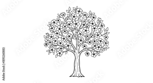 Detailed Black and White Illustration of a Blooming Tree.