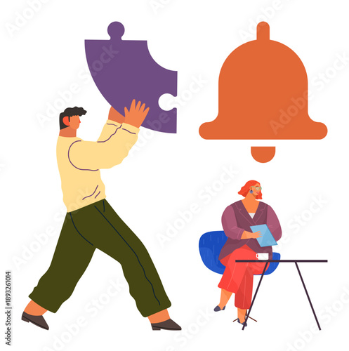 Teamwork, communication, collaboration, task management, workflow design, problem-solving. Person carrying puzzle piece and woman seated at desk with clipboard. Teamwork and task management concept