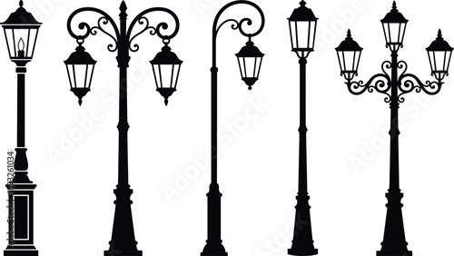 Vintage ornamental street lamp silhouettes collection: classic Victorian style lampposts, ornate triple lanterns, curved arm lanterns, decorative metalwork, retro urban lighting icons