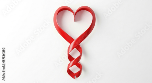 Red heart shaped ribbon twisted on white background symbolizing love and awareness