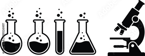 Laboratory science equipment icon set with chemical flasks, test tubes and microscope, medical research and chemistry symbols, black and white vector illustration
