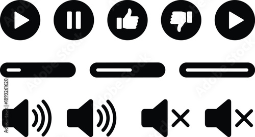 Media player control icons set: play and pause buttons, like and dislike reactions, progress bars, volume control, mute symbols, minimal UI vector design