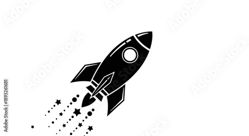 Black Rocket Ship Launching into Space with Stars.
