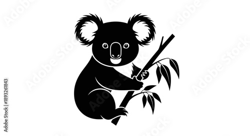 Black Silhouette of a Cute Koala Climbing a Eucalyptus Branch.