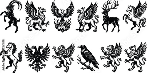 Mythical heraldic animal silhouettes collection featuring griffin, phoenix, winged horse, lion and raven, medieval fantasy emblem black and white vector set