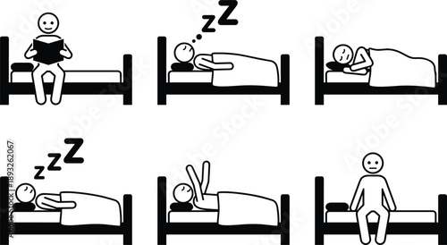 Sleep routine stages illustration showing bedtime activities, sleeping positions and waking up, insomnia and healthy sleep cycle concept, black and white vector icons