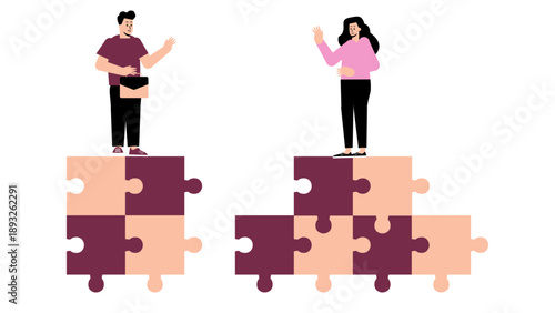 Man and woman standing on separate puzzle pieces communicating to solve a business problem