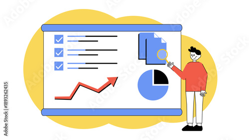 Flat illustration of a businessman presenting a growth chart and data analytics on a large whiteboard to motivate his team for reaching success and business targets