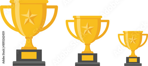 Golden trophy award set showing first second and third place winners cups for achievement success competition illustration