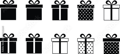 Gift box icons collection with multiple styles patterns and variations for holiday celebration shopping and present packaging design