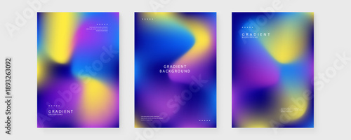 Collection of three vertical posters featuring soft liquid mesh gradients in blue yellow and purple with grainy texture and minimalist typography