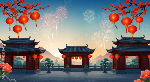 Chinese New Year Festival in Oriental Garden with red lanterns, plum blossoms, big fireworks
