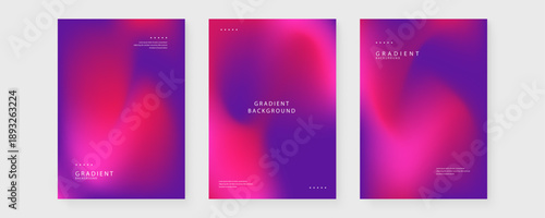 Trio of modern posters featuring high contrast magenta and dark purple fluid gradients with minimalist layout and grainy texture