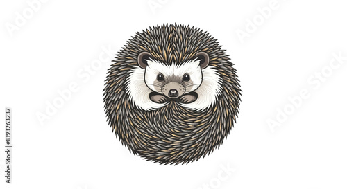 A cute, kawaii hedgehog curled up in a ball, depicted in a colorful vector illustration with a spiky exterior and adorable facial features, against a clean white background.