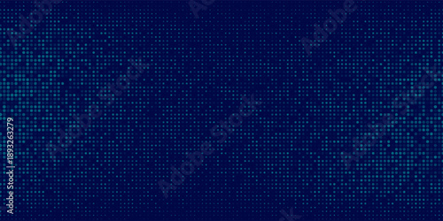 Digital glowing pixels matrix pattern on dark blue background. Abstract backdrop of glittering dots for FinTech presentation, blockchain or data scientist concept.