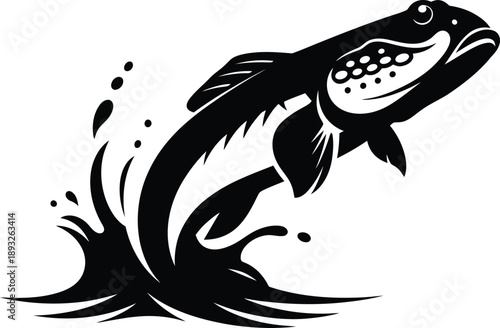 Dynamic black and white illustration depicting a powerful fish, possibly a goby, mid-leap from the water, creating a vibrant splash, showcasing its agility and marine life