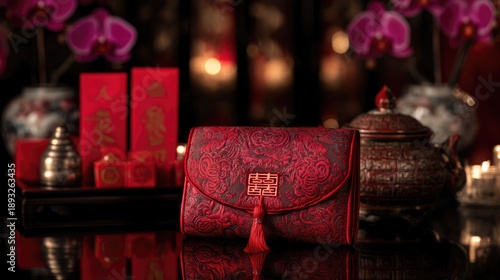 Elegant Red Chinese Wallet with Decorative Design and Traditional Elements in a Festive Setting