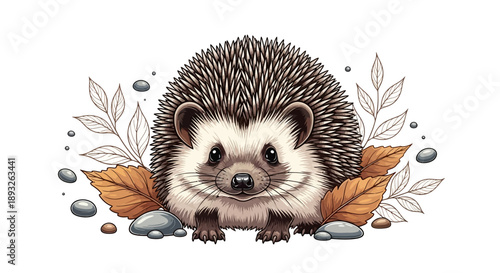 An illustration of a cute hedgehog surrounded by autumn leaves, rocks, and botanical designs on a clean white background, symbolizing national hedgehog day.