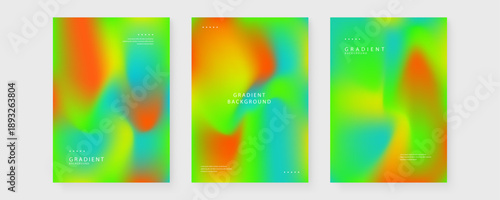 Collection of vibrant acid green and orange gradient posters with fluid mesh texture and organic shapes for futuristic design