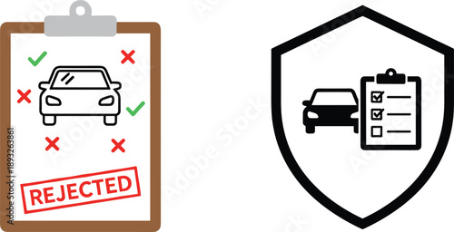 Car inspection rejected and approved icons set with checklist clipboard shield and vehicle verification symbols
