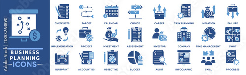Business Planning icon collection set. Containing checklists, target, calendar, choice, investor, company, swot and more. Solid vector icons collection