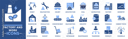 Factory and work icon collection set. Containing robot malfuction, factory, foreman, coal, product and more. Solid vector icons collection