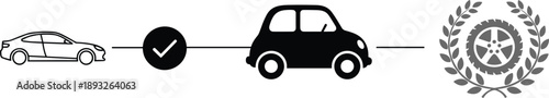 Car comparison and approval icons set with vehicle progression check mark and award symbol for automotive design