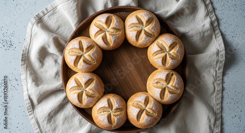 Freshly baked Kaiser rolls arranged on a rustic wooden tray
