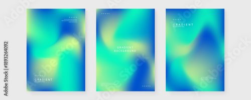 Set of professional abstract backgrounds with smooth transitions between deep blue turquoise and soft lime green colors in a mesh style