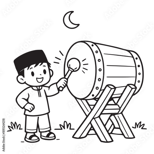 Islamic themed vector portraying a small boy joyfully playing the bedug to announce Maghrib, expressing devotion, tradition, unity, and the cheerful spiritual mood of Ramadan nights.