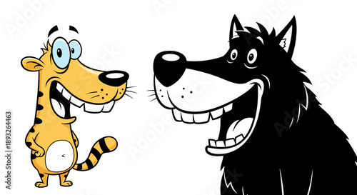 Cartoon Tiger and Wolf Characters with Big Grins.