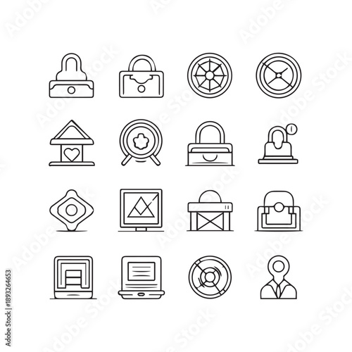This vector illustration features a comprehensive business and internet icons set containing symbols for web communication, computer office tools, money, and shop signs in a clean professional design
