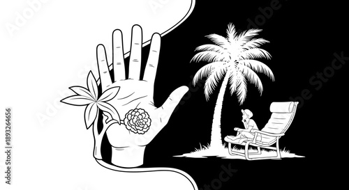 Detailed Hand Holding Natural Elements Contrasting With Tropical Relaxation Scene.