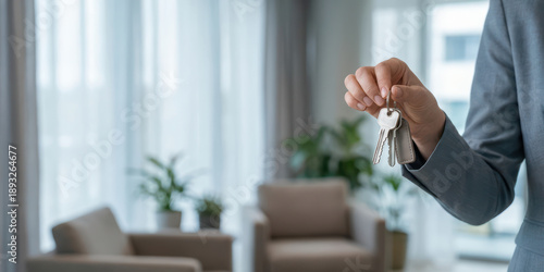 Broker hand holding key home with real realtor new owner adviser agent apartment banker banner businessman concept, professional hand offering house key for modern living room purchase