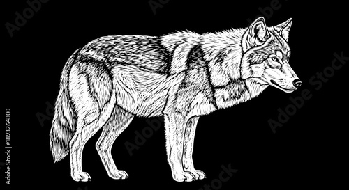 Detailed Ink Drawing of a Majestic Wolf Standing Proudly.