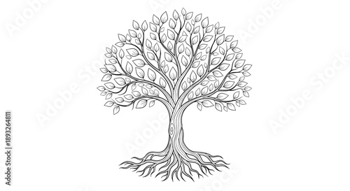 Detailed Line Art Drawing of a Majestic Tree with Intricate Roots.