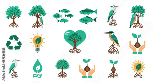Flat lay illustration of World Wetlands Day icons featuring trees, birds, fish, recycling symbols, and eco-friendly motifs on a clean white background with a green and blue color palette.