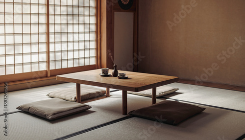 Serene Japanese tea room with traditional low table and cushions