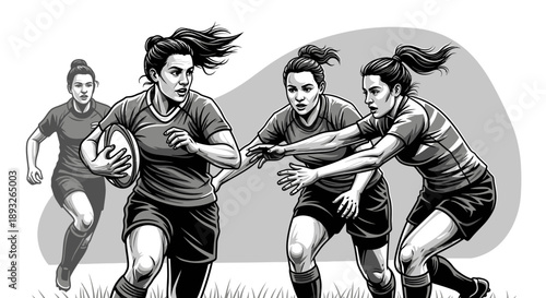 Women Playing Rugby Together on Field.