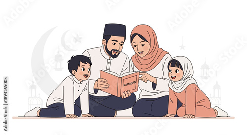 A Muslim family, including a man, woman, and two kids, gather around to study and recite the Koran together on the floor during Ramadan with a joyful and peaceful atmosphere.