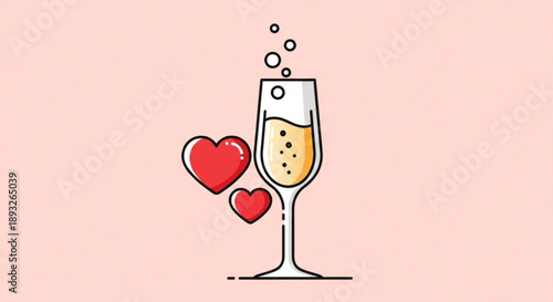 Champagne glass with hearts on pink background for love celebration