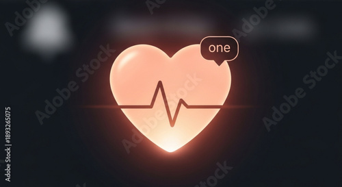 Glowing heart symbol with ecg line and one speech bubble on dark background