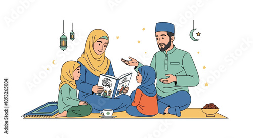 A Muslim family including a woman, man, and two kids sitting on a mat, reciting the Koran and studying together with a warm and happy atmosphere during Ramadan.