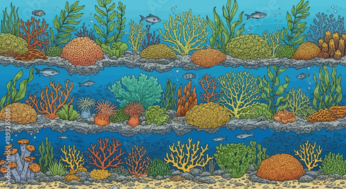 Vibrant Coral Reef Ecosystem Underwater Scene.