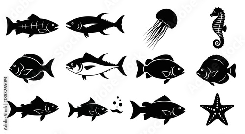 Various Black Silhouette Sea Creatures Icons.