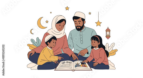 A Muslim family including a woman in a hijab, man, and two kids sitting together, reciting the Koran or Qur'an in a joyful and peaceful atmosphere with Ramadan decorations.
