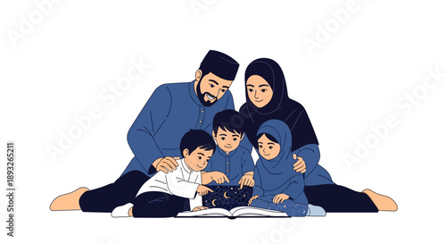 A Muslim family with kids sitting on the floor reading the Qur'an together during Ramadan in a happy and peaceful atmosphere.