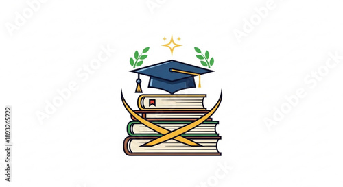 Graduation cap on stack of books with crossed pencils and laurel leaves