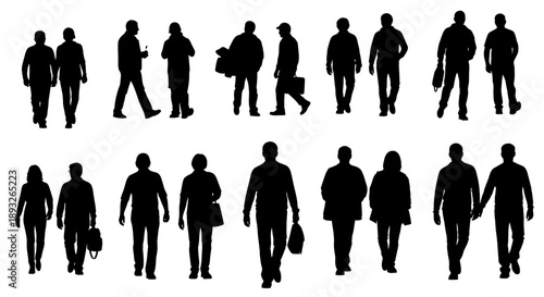Silhouettes of People Walking in Various Directions.
