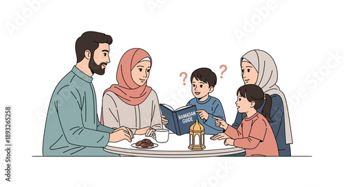 Illustration of a happy family with kids sitting at a table during Ramadan, reciting the Koran and eating dates with a lantern present, conveying a warm and peaceful mood.
